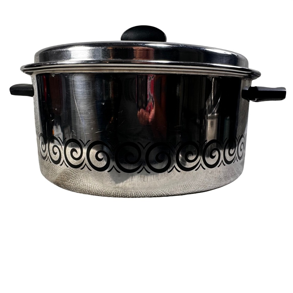 Vintage EKCO 6 Qt Stainless Steel Dutch Oven Black Scroll MCM Retro Cookware Lid